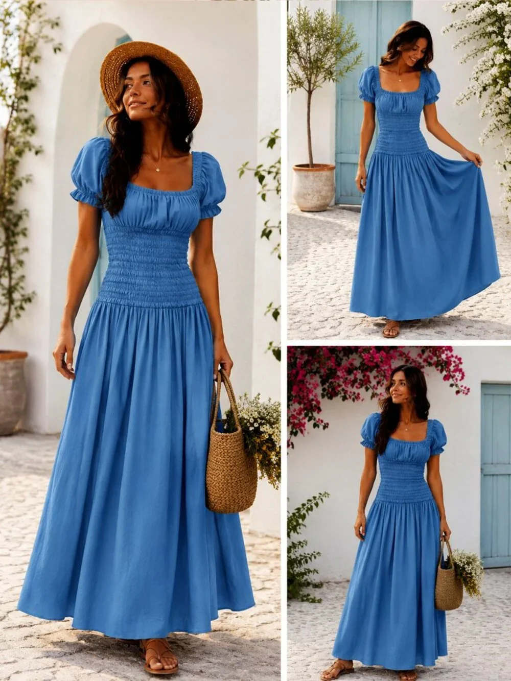 Abercrombie & Fitch Blue Smocked Puff Sleeve Maxi Dress Boho Cottagecore M/L